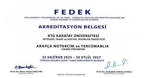 Arapça Mütercim ve Tercümanlık Bölümü Akreditasyon Belgesi