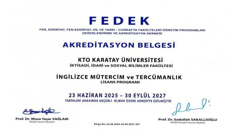 İngilizce Mütercim ve Tercümanlık Bölümü Akreditasyon Belgesi