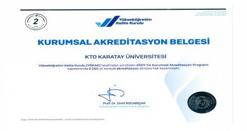 KTO Karatay Üniversitesi Kurumsal Akreditasyon Belgesi