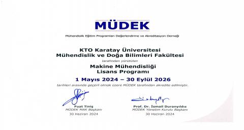 Makine Mühendisliği Bölümü Akreditasyon Belgesi